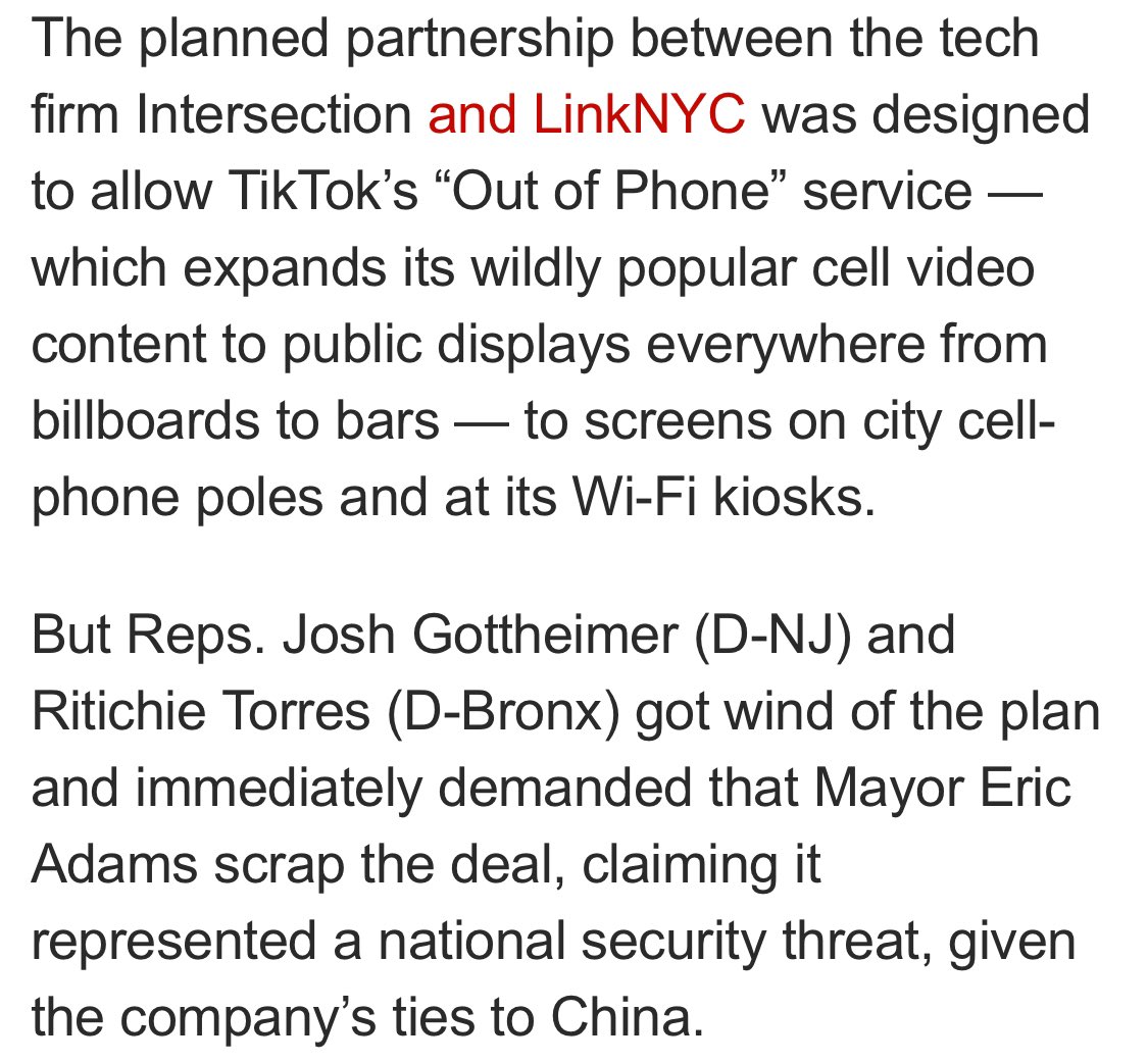 Congressman Josh Gottheimer and I pressured NYC to end a deal between LinkNYC and TikTok, which would have led to greater surveillance of New Yorkers at the hands of a foreign adversary.