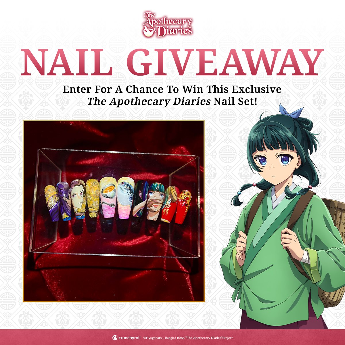 Crunchyroll's tweet photo. Maomao and Jinshi are coming to you in a whole new way! 💅 Enter to for a chance to win these exclusive Apothecary Diaries custom press-on nail set ✨ 

HOW TO ENTER:
1. Follow @crunchyroll 
2. Comment your favorite moment from apothecary diaries and tag a friend! https://t.co/ajaMxrWtvy