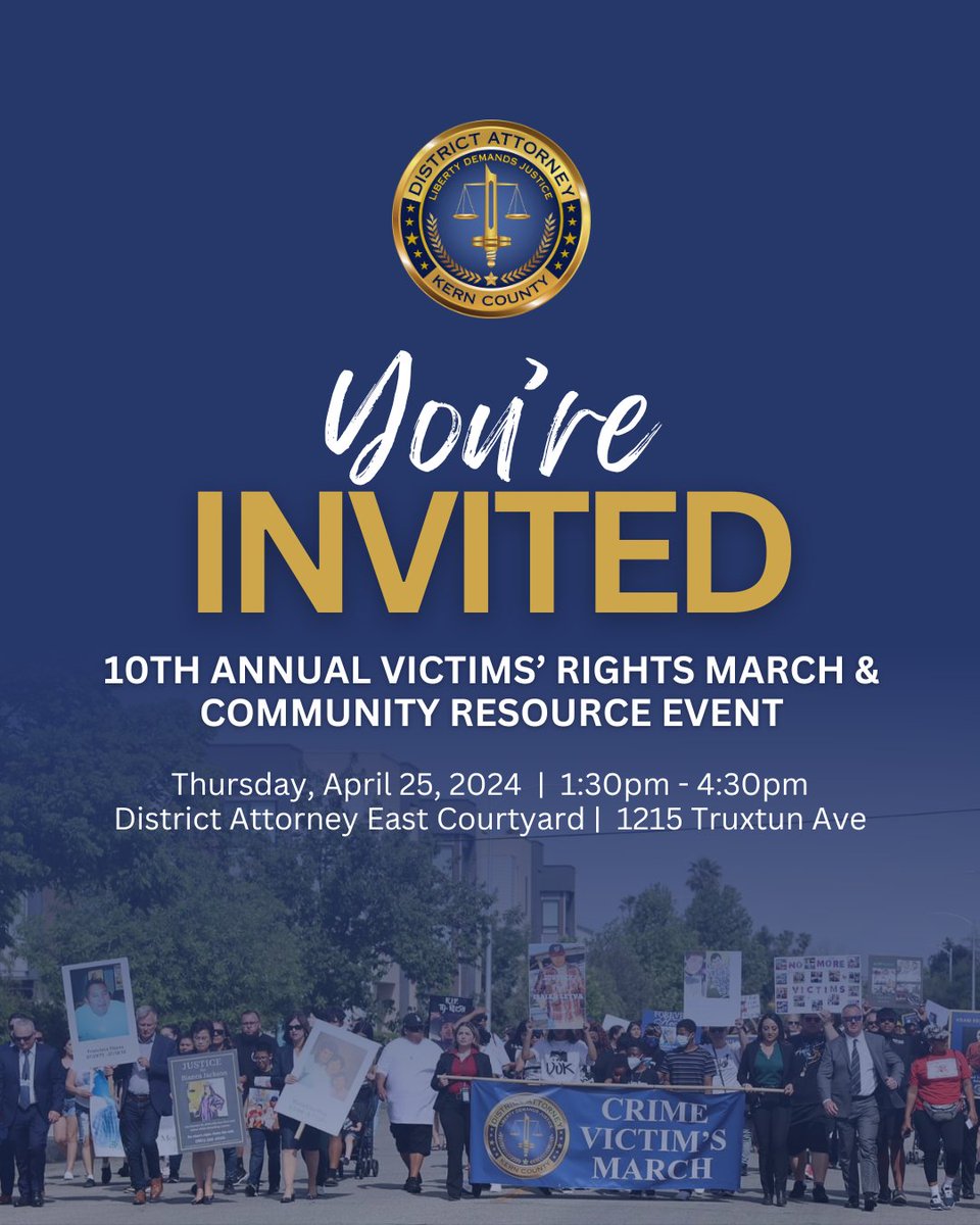 Join us for the 10th Annual Victims’ Rights March & Community Resource Event! ⚖️ For the last decade, our office has hosted the event during National Crime Victims’ Week – a time to honor survivors and victims of crime. 🕊️ 🤝 For more info, visit: tinyurl.com/4nmp3nmp