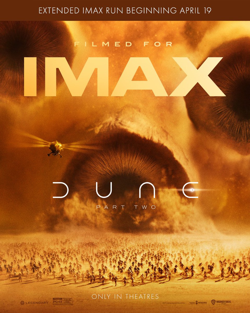 Dune: Part Two is extending its run in IMAX and 70MM IMAX by popular demand - don’t miss it!!   Get your 70MM IMAX tickets now. More IMAX tickets will be available April 15. #DuneMovie #FilmedForIMAX