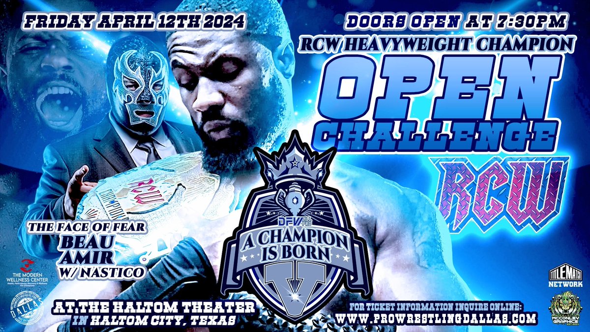 This Friday, tickets at ProWrestlingDallas.com #RCW World Champion Open Challenge against @Beauxamir w/ @Nasticoo