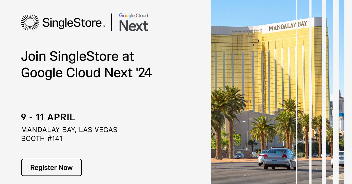 Come meet us this week at booth #141 We will have some nice new SingleStore swag, there will be a fun chance to win cool prizes, booth demos & more! 🎊 See you there! bit.ly/3PMVuEI #GoogleCloudNext #AI #generativeAI #googlecloud #SingleStore