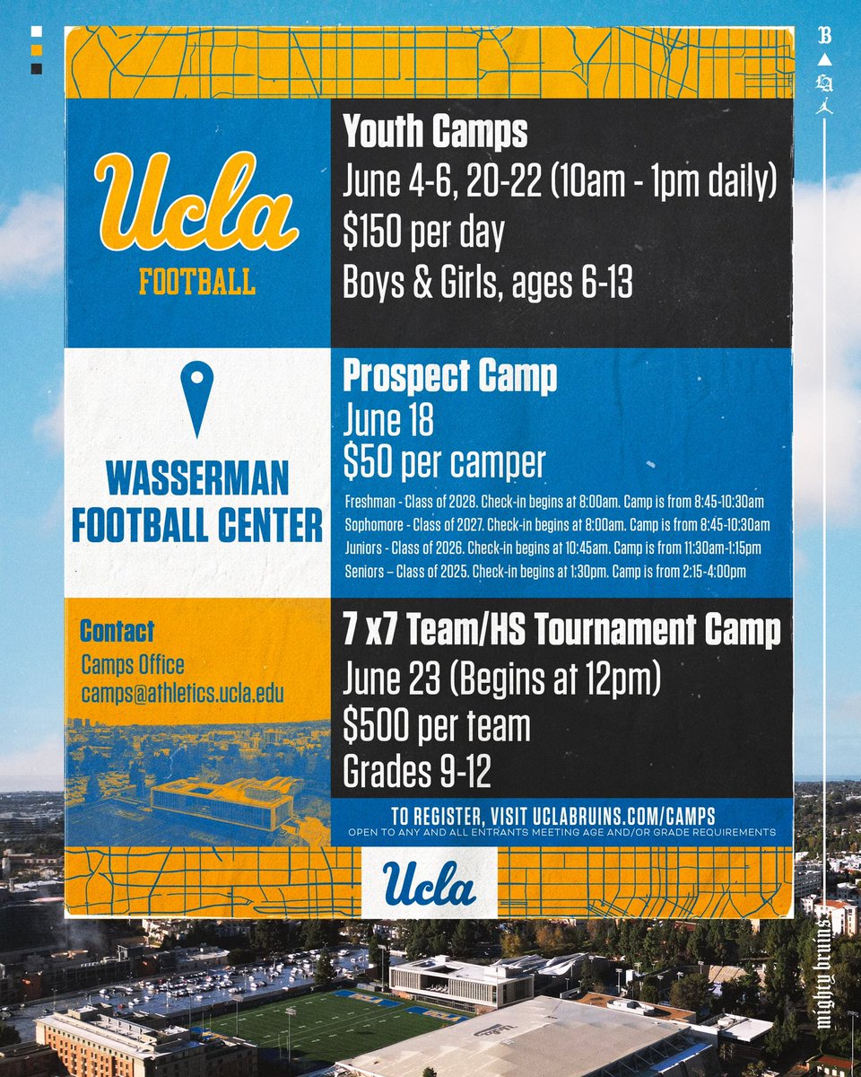 Get ready for 🏈 𝗖𝗔𝗠𝗣 at 𝗨𝗖𝗟𝗔! Register TODAY ⤵️ uclabruins.com/camps