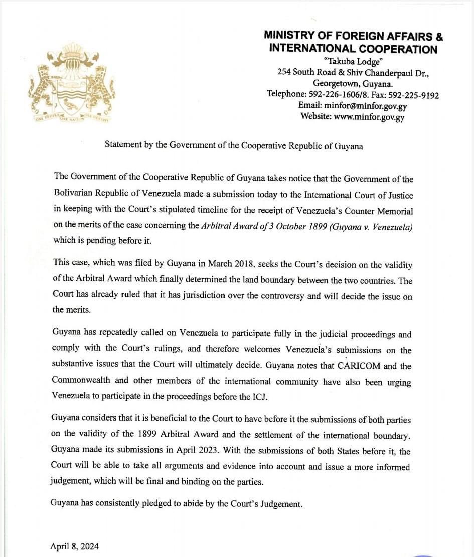 Statement by the Government of Guyana on Venezuela's submission of its Counter-Memorial to the International Court of Justice.