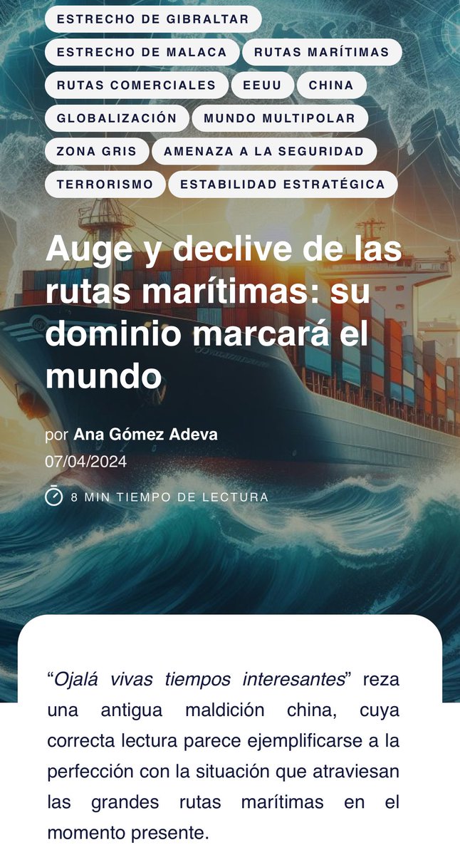 💰🚢La talasocracia o dominio de los mares se erige como la estrategia geopolítica imperante, como bien ilustran los recientes acontecimientos en el Mar Rojo.

🔎Pero no se quedan ahí, esto se puede ver en todas las grandes rutas marítimas del mundo 👉🏻thepoliticalroom.com/blog/auge-y-de…