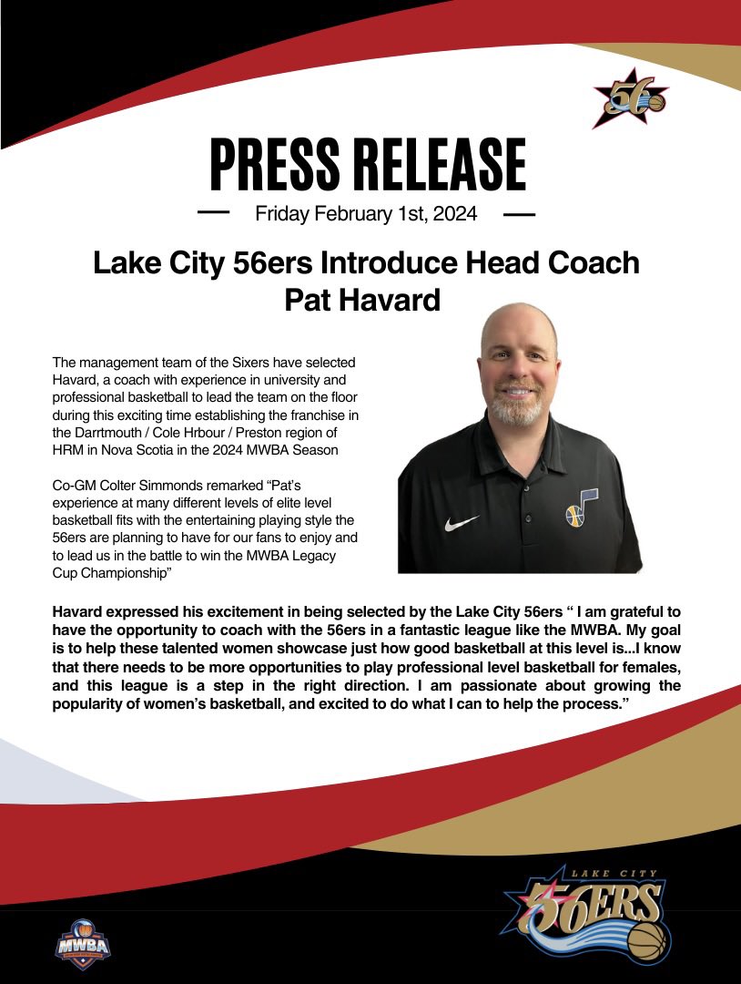 Lake City 56ers (@lakecity56ers) on Twitter photo In case you missed it back in February…our Head Coach for the 2024 <a href="/the_mwba/">Maritime Women's Basketball Association</a> season is Pat Harvard! In case you missed it back in February…our Head Coach for the 2024 <a href="/the_mwba/">Maritime Women's Basketball Association</a> season is Pat Harvard!