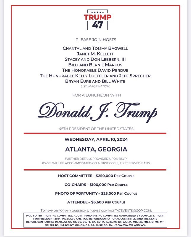 Trump is continuing his fundraising blitz this week with 3 additional donor events: Atlanta and Windermere, FL Wednesday —and Newtown, PA Saturday around a campaign rally in the state. Former Sens Kelly Loeffler and David Perdue among hosts of GA event per invitation