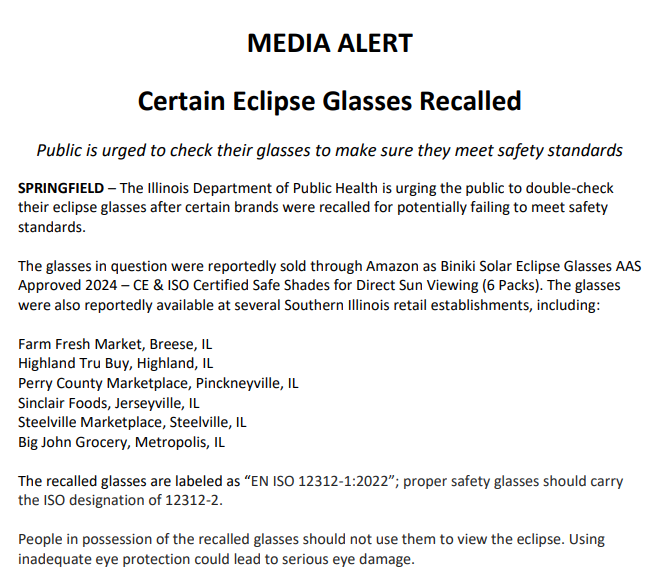BNONews's tweet photo. URGENT RECALL: Public urged not to use 'Biniki Solar Eclipse Glasses'

The recalled glasses, which were sold on Amazon and in stores, are labeled with “EN ISO 12312-1:2022”

If you have them, don't use them to watch the eclipse. https://t.co/Mtw3MWyK8I