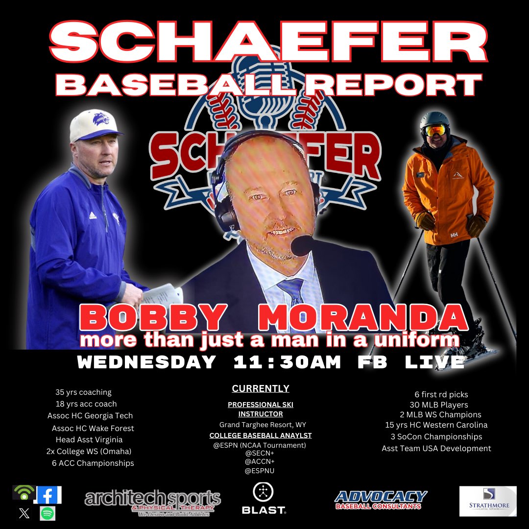 Join SBR boys @JeffSchaefer2 @ToddFriedman10 @andrewzike & guest Bobby Moranda @Coach_mo25 Wednesday, 11:30am FB live *35yrs college coach * Ski instructor college * Baseball analyst RENAISSANCE MAN @accnetwork @SECNetwork @ESPNU