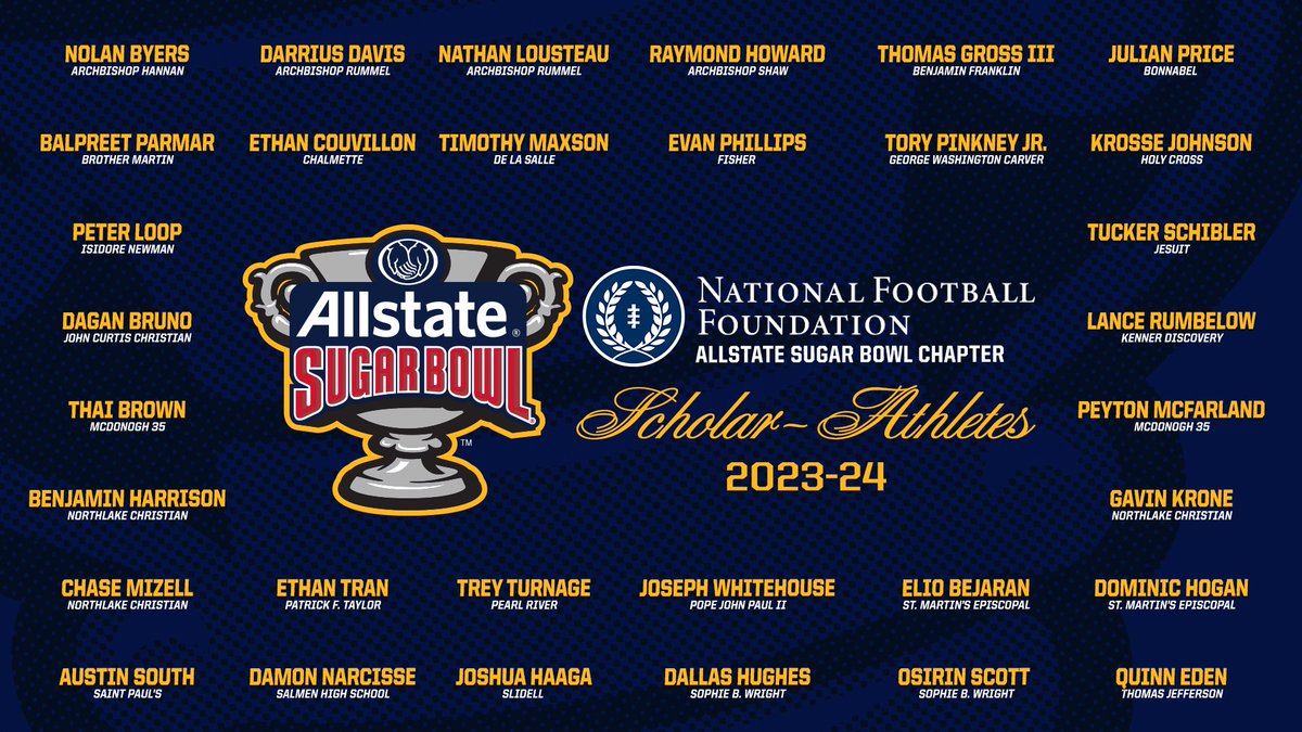 🆕The @Allstate #SugarBowl Chapter of the @NFFNetwork will honor 3️⃣2️⃣ local high school football players for their achievements in the classroom, in the community and on the football field! 📰 allstatesugarbowl.org/news/2024/4/8/…