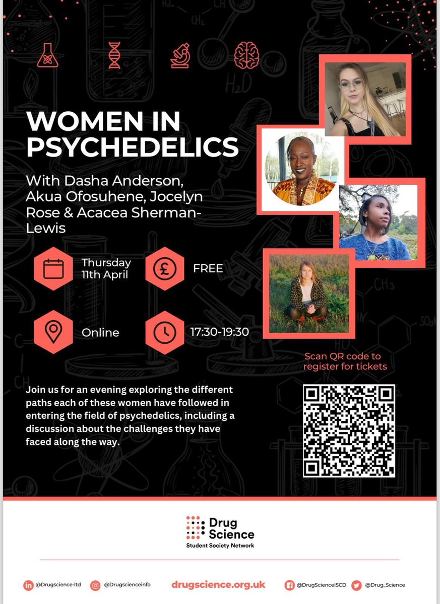 ♀️ WOMEN IN PSYCHEDELICS Next Friday, @Drug_Science will explore the journeys and passions of four women within the field of psychedelics. Get your FREE ticket 👇🏽 eventbrite.co.uk/e/women-in-psy…