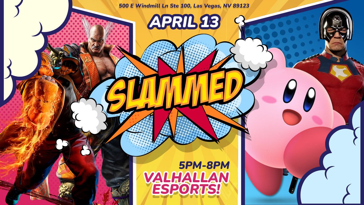 Who's ready for SLAMMED?! Slammed #4 is here, Saturday the 13th!! 👊 Tekken 🥊 Street Fighter 🪓 Super Smash Bros. 🛡️ MK1 📍500 E Windmill LN, STE 100, Las Vegas NV 89123 Sign up⤵️ start.gg/tournament/sla…
