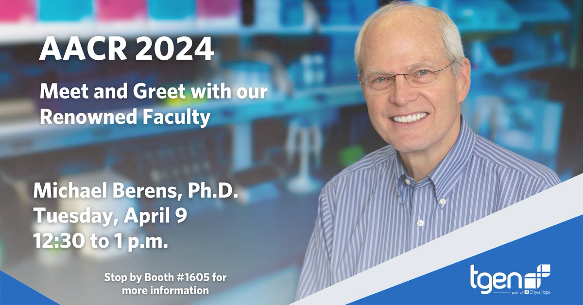 Meet and Greet with Renowned Faculty - Michael Berens, Ph.D. at @AACR. Dr. Berens is a lead scientist in the world of brain tumor research. His work focuses on invasion biology, treatment development, and correlative studies to clinical trials. Be sure to stop by and connect.