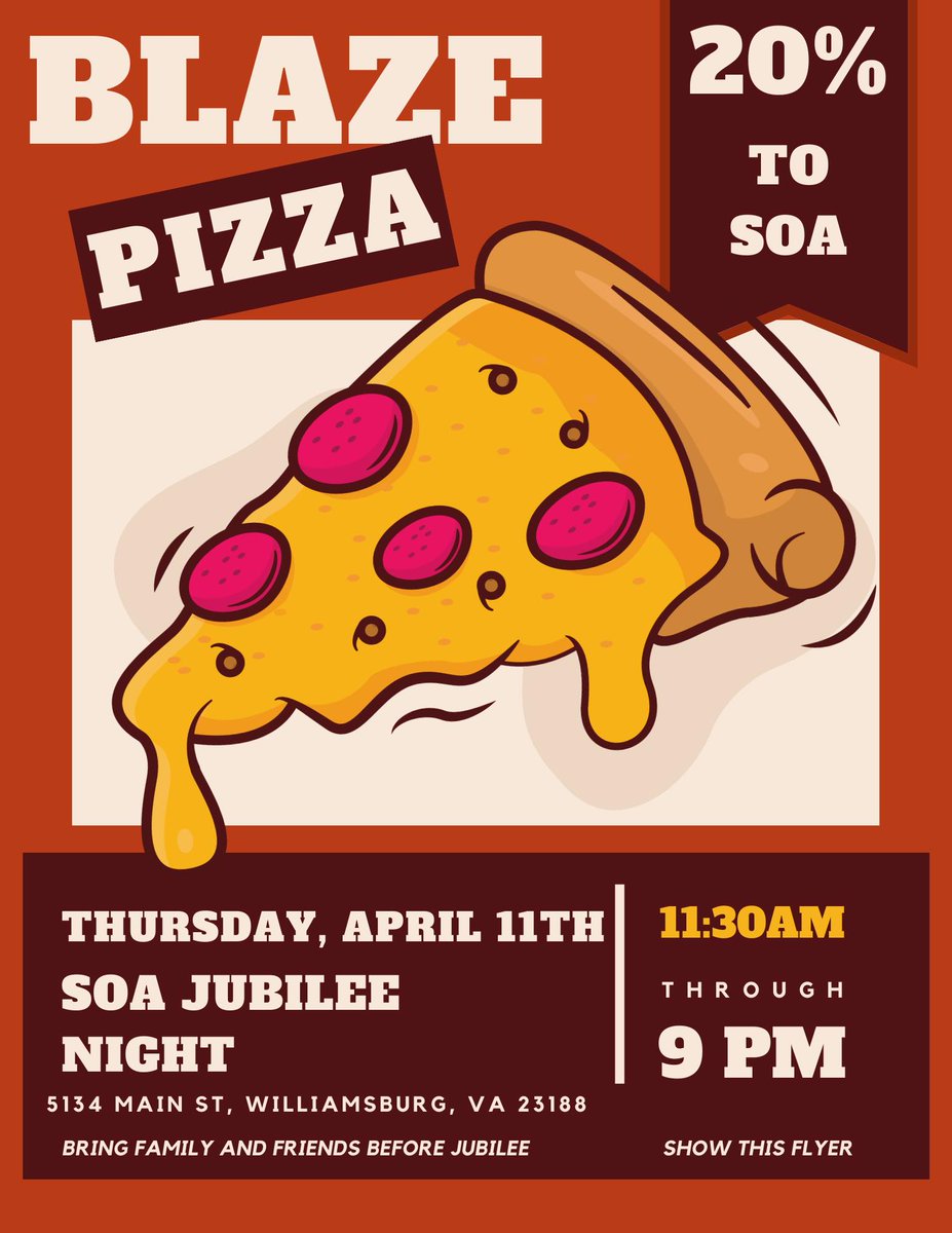 Have dinner at Blaze before coming to watch Jubilee on Thursday! 20% of food sales will go to YCSPAO to support their scholarships for SOA seniors! #ycsdsoa @YCSD @BrutonHS @ClippersGrafton @TabbHSTigers @yhs_falcons @graftonms @GoQLMS @TabbMSfamily @York_Falcons @york_river_acad