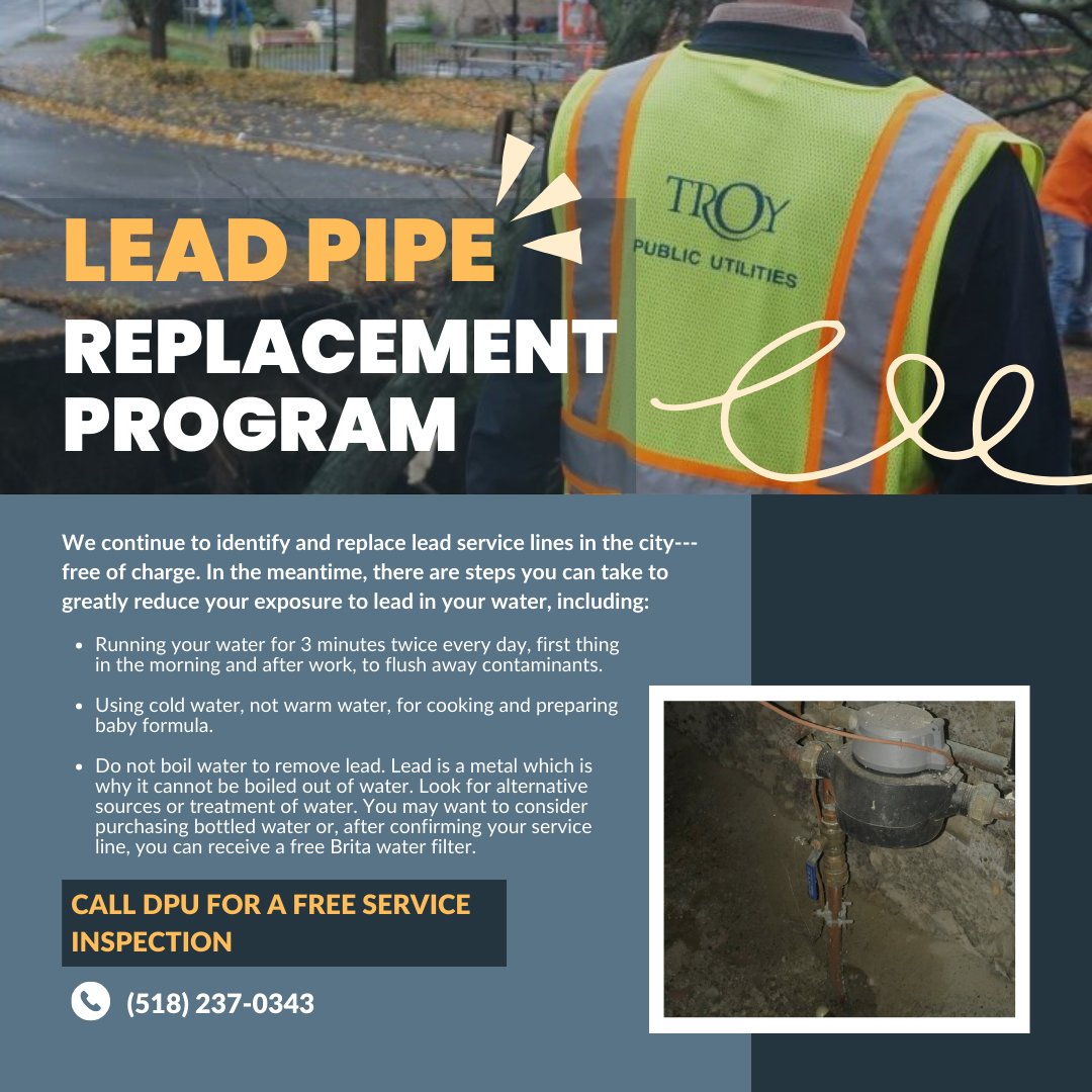 Drinking water quality monitoring conducted by the Troy Department of Public Utilities has found elevated levels of lead in some of the homes and buildings tested around the City of Troy. Please visit troyny.gov/lead for more information.