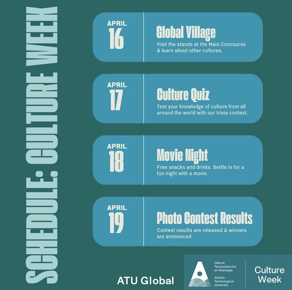 🔊 Exciting News 🌍 Mark your 📅 April 16-19 Culture Week @atusligo_ie! Check out calendar of events 👇 #ATUCultureWeek #ATUGlobalVillage #ATUGlobal