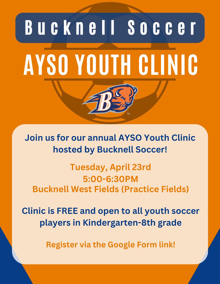 Join us for our Annual AYSO Youth Clinic! #rayBucknell🔶🔷 To register: docs.google.com/forms/d/e/1FAI…