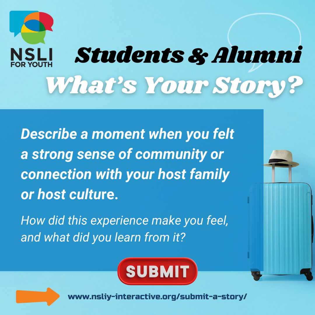 Calling all NSLI-Y alumni 📣 the April NSLI-Y Interactive prompt is here! Tell us about a moment when you felt a strong sense of community/connection with your host family or host culture. Submit your reflections at the link in our bio. #nsliy #nsliyinteractive #exchangeourworld