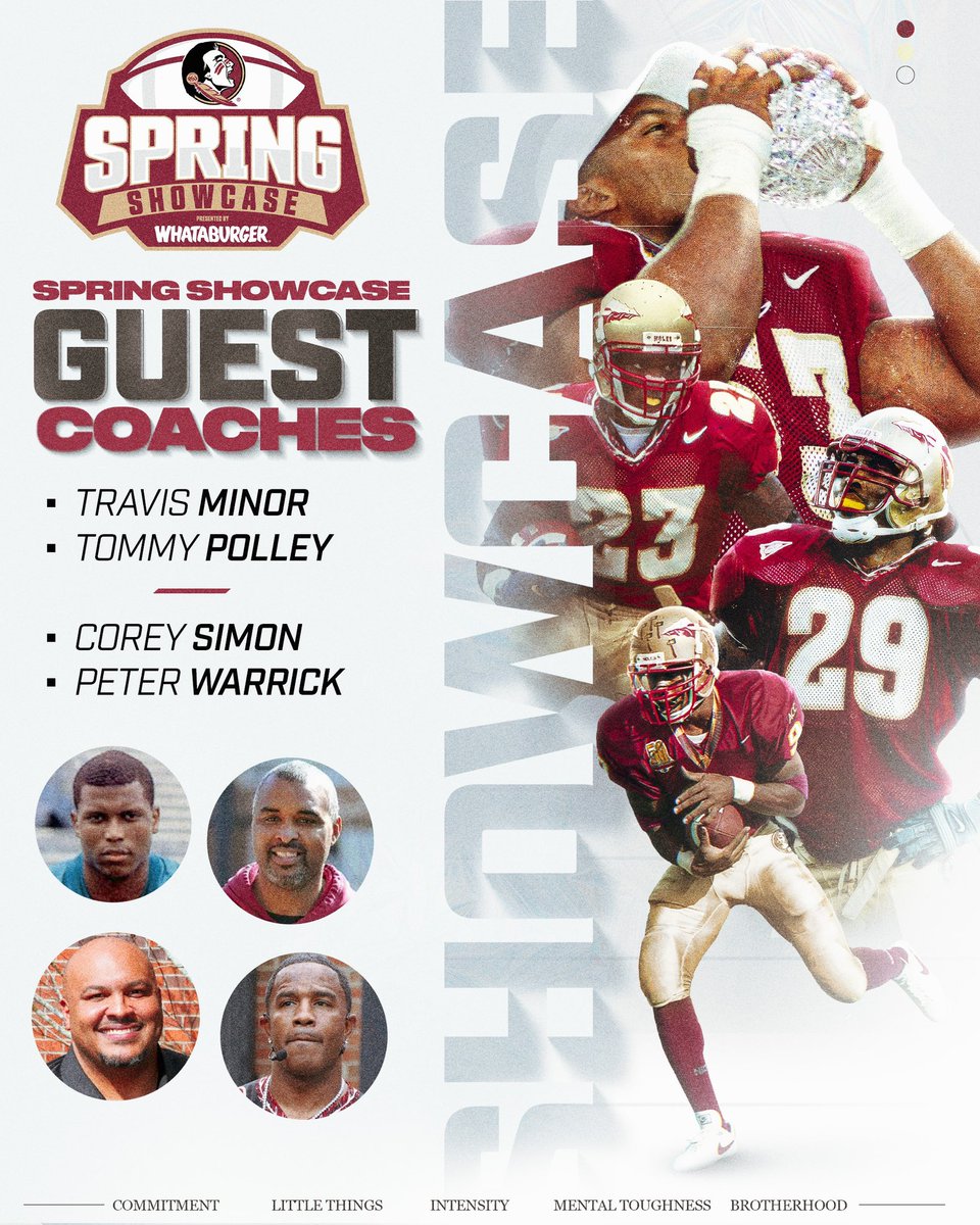 Excited to celebrate the 1999 national champions during our Spring Showcase with Travis Minor, Tommy Polley, Corey Simon and Peter Warrick as guest coaches! 🔗: noles.co/99GuestCoaches 🎟️: Seminoles.com/tickets #NoleFamily | #KeepCLIMBing