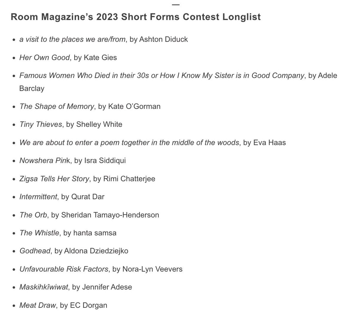 It’s finally here: announcing the longlist for our 2023 Short Forms Contest! Congrats to these poets and a huge thank you to everyone who trusted us with their work. Stay tuned for the shortlist and winners selected by the stellar Tsering Yangzom Lama! roommagazine.com/short-forms-co…