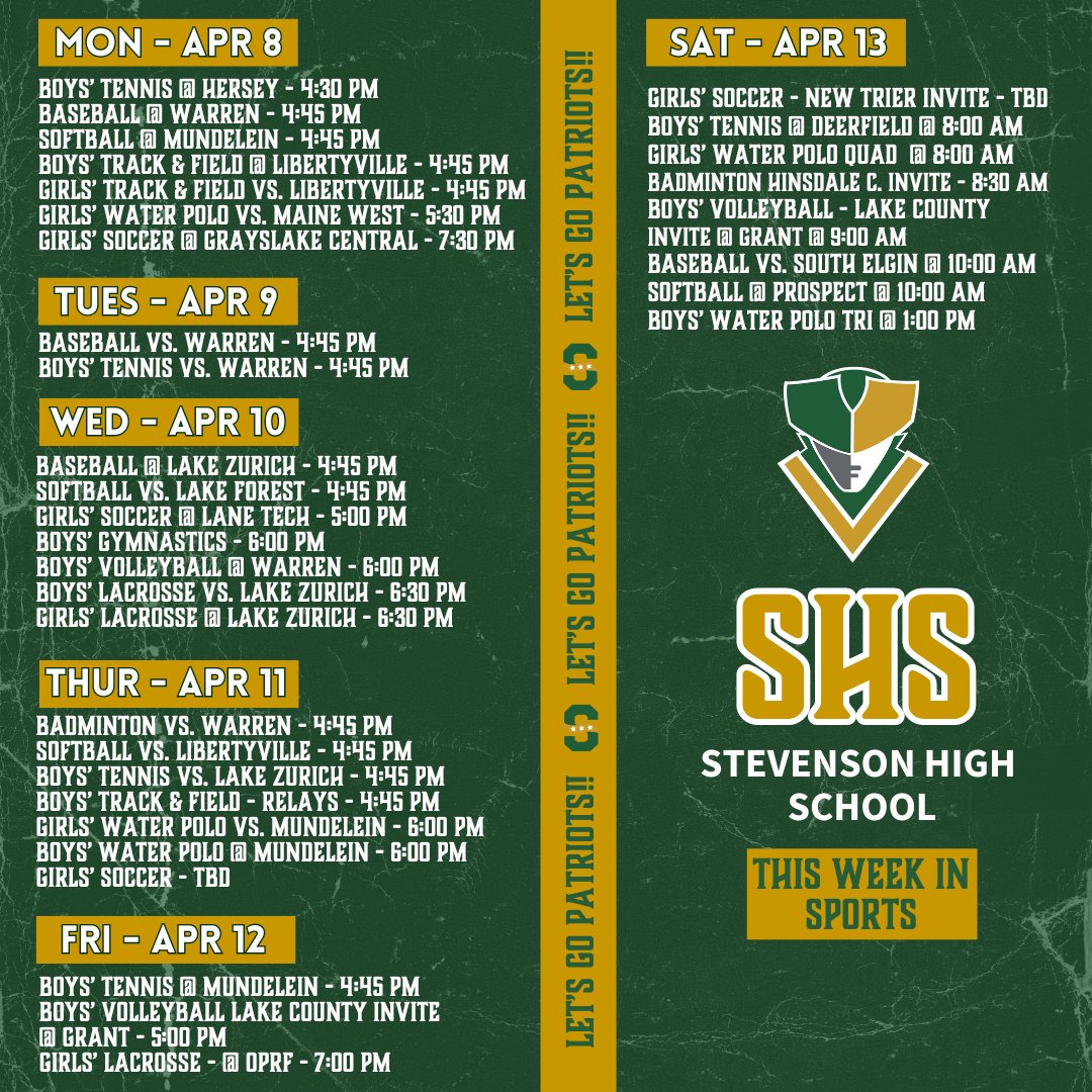 Check out this busy week in Patriot Sports! We hope you plan on attending an event to cheer on our teams!! @shspatriot @stevensonhs @SHSPatsBaseball @PatSoftball @StevensonBTF @coach_sommers @SHS_BoysVBall @patslax @PatriotsGLax #patriotpride