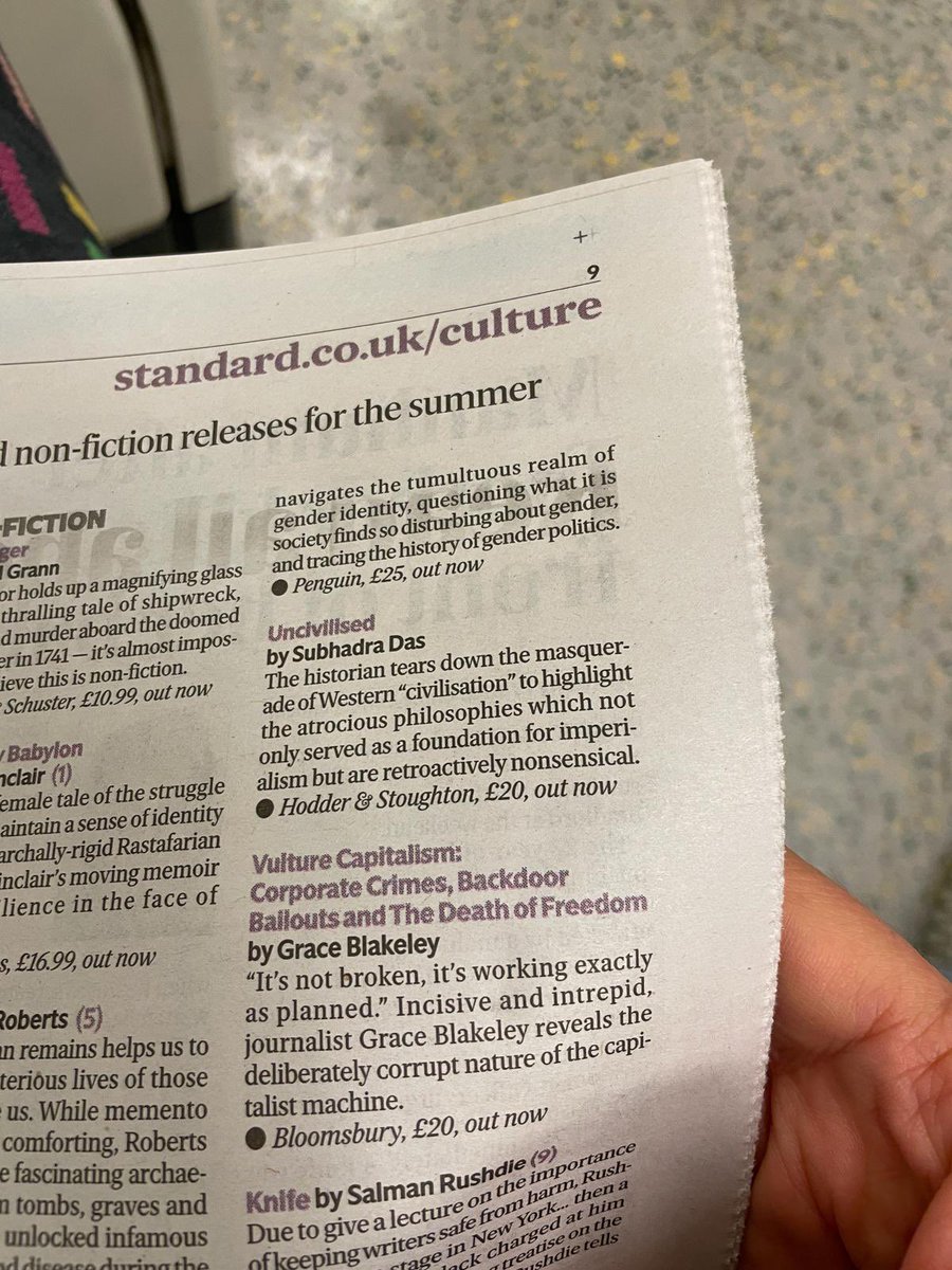 Thanks to @tannis_davidson for making my month by spotting and sharing that Uncivilised is featured in today’s @EveningStandard’s ‘best new books to get lost in’, and thanks to them for this concise and spicy review! 🌶️