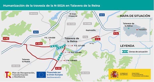 El Ministerio @transportesgob ha licitado las obras de humanización de la N-502A en #Talavera. Son 8,5 millones de euros para 4,5 km de carril-bici y vía peatonal en una apuesta decidida del Gobierno 🇪🇸 por la movilidad sostenible en la Ciudad de la Cerámica. #EspañaAvanza