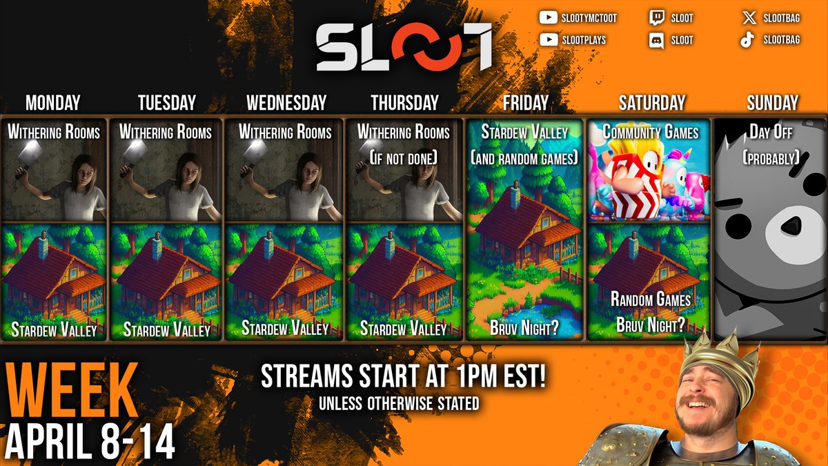 This week's schedule April 8-14! Can you spot my new addiction? (Community games day this Saturday!)