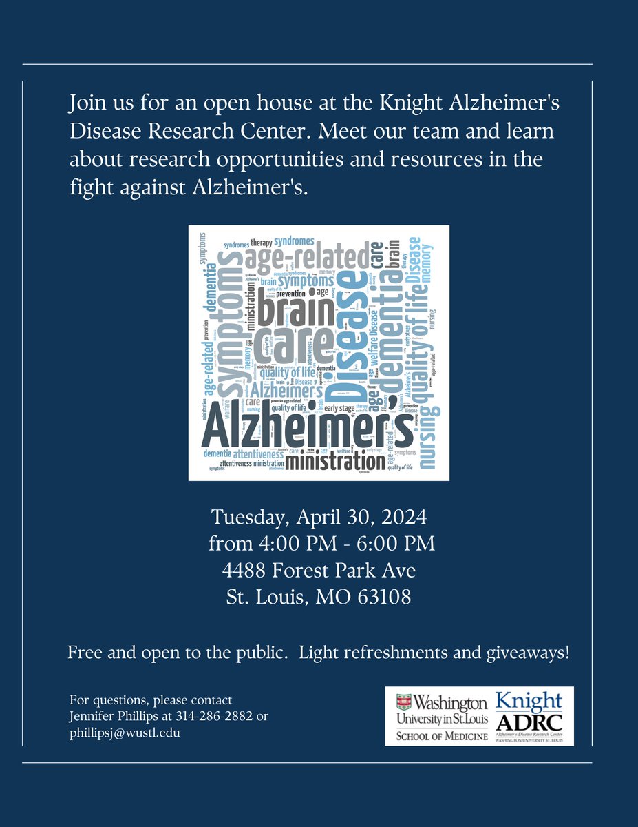 Join us for an open house at the Knight ADRC. Meet our team and learn about research opportunities and resources in the fight against #AlzheimerDisease April 30, 2024 from 4:00 PM – 6:00 PM 4488 Forest Park Ave St. Louis, MO 63108 Register to attend: bit.ly/4cOzC5F