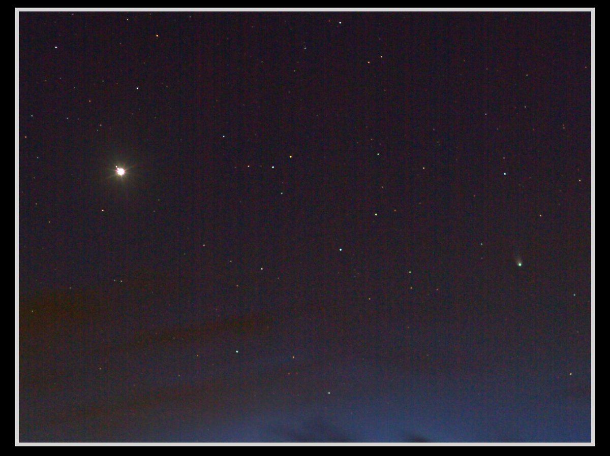 I was really hoping to get a nice pic last night of Comet Pons-Brooks low in the sky with its tail unfurled, but the sky was still bright by the time I lost it to cloud. Still, I managed to catch it close to Jupiter. These might be my last pics... :-(