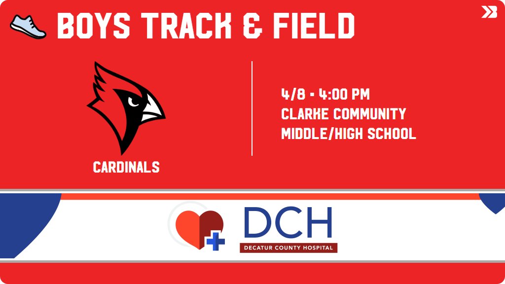 Boys Track & Field (Junior High) Meet Day! - Check out the event preview for the Central Decatur Cardinals. It starts at 4:00 PM and is at Clarke Community Middle/High School Clarke Athletic Complex. gobound.com/ia/ihsaa/boyst…