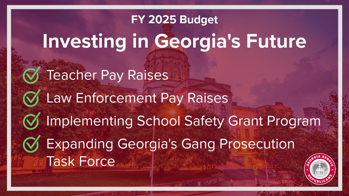 Thanks to Governor Kemp and Chairman Tillery, Georgia Republicans passed a balanced budget that invests in Georgia’s priorities. We continue to provide pay raises for teachers and law enforcement officers, increased funding for education including school safety programs, and