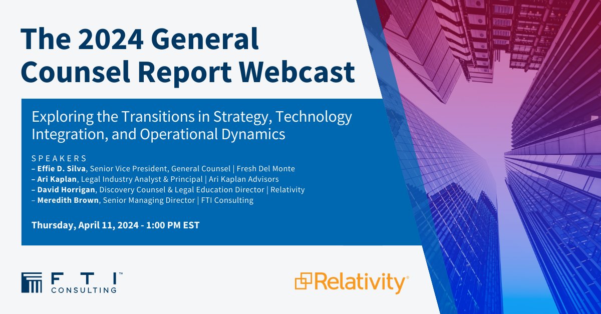 Join us on 4/11 for a webcast hosted in partnership with @RelativityHQ and @TodaysGC. Findings from the 2024 General Counsel Report will be shared by our panel of experts as they discuss the top priorities for chief legal officers in 2024. Register here: bit.ly/3IVLbdD