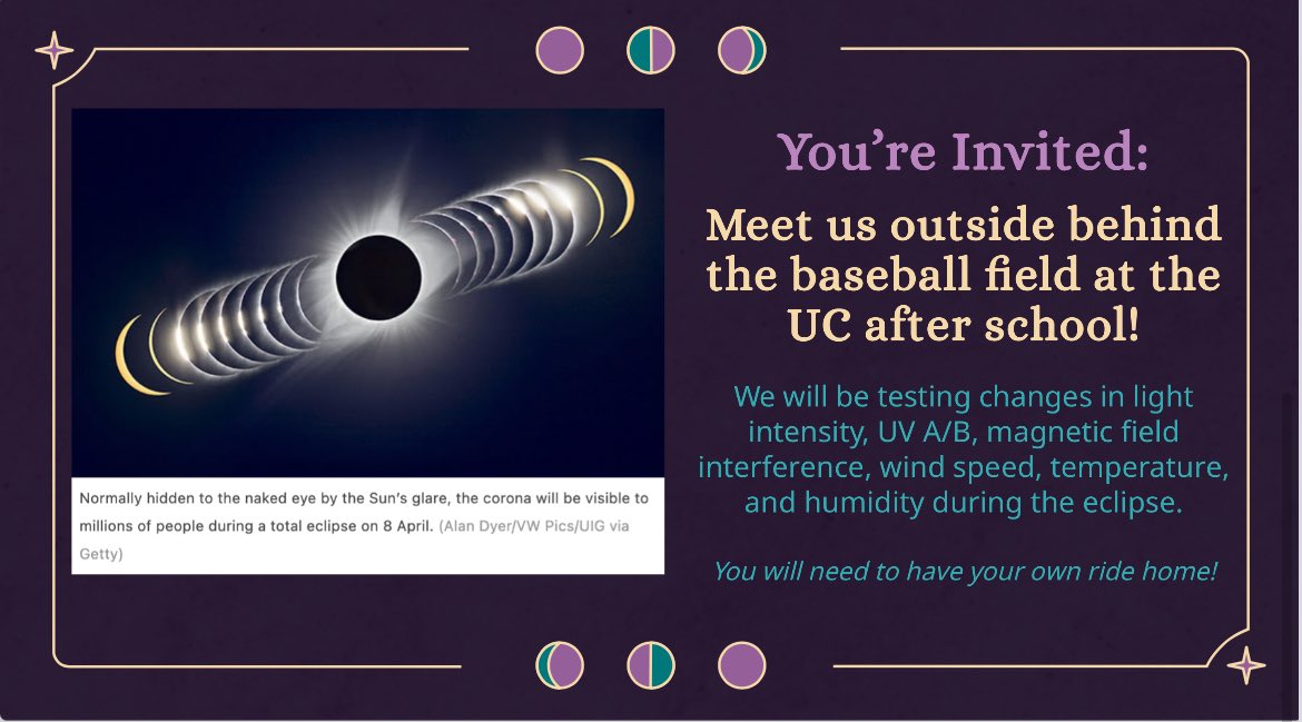 McHenrySci's tweet photo. Calling all MCHS students and staff! Come join us for the solar eclipse after school today 😎 https://t.co/xD8OU5i5Y2