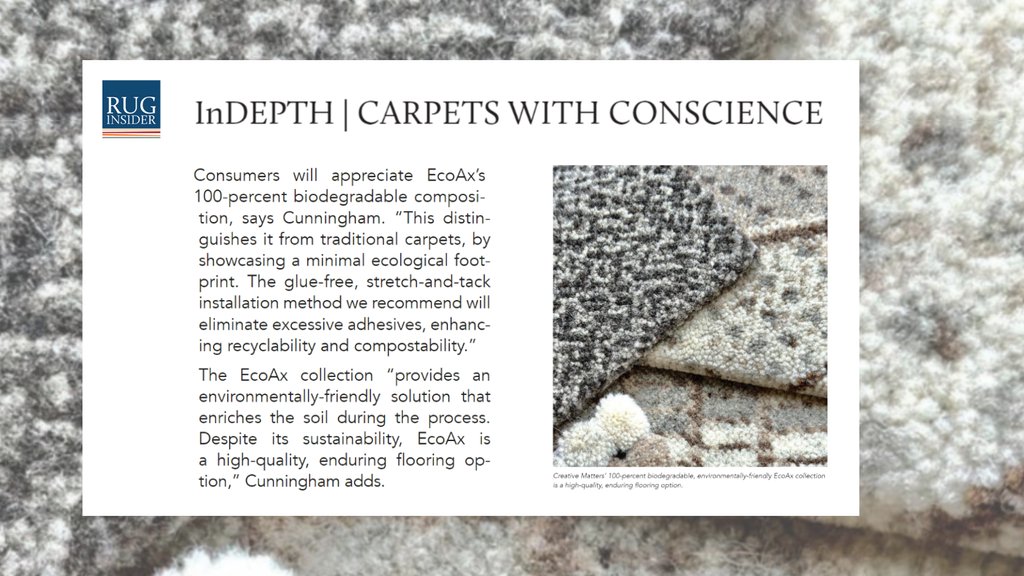 MatteStories's tweet image. Creative Matters' latest innovation, EcoAx, is featured in @ruginsider 💚  A 100% biodegradable woven Axminster carpet, EcoAx is composed of 100% dye-free wool and a jute backing. Read the issue, out on newsstands now.

⁠
#CreativeMatters #EcoAx #SustainableCarpets ⁠