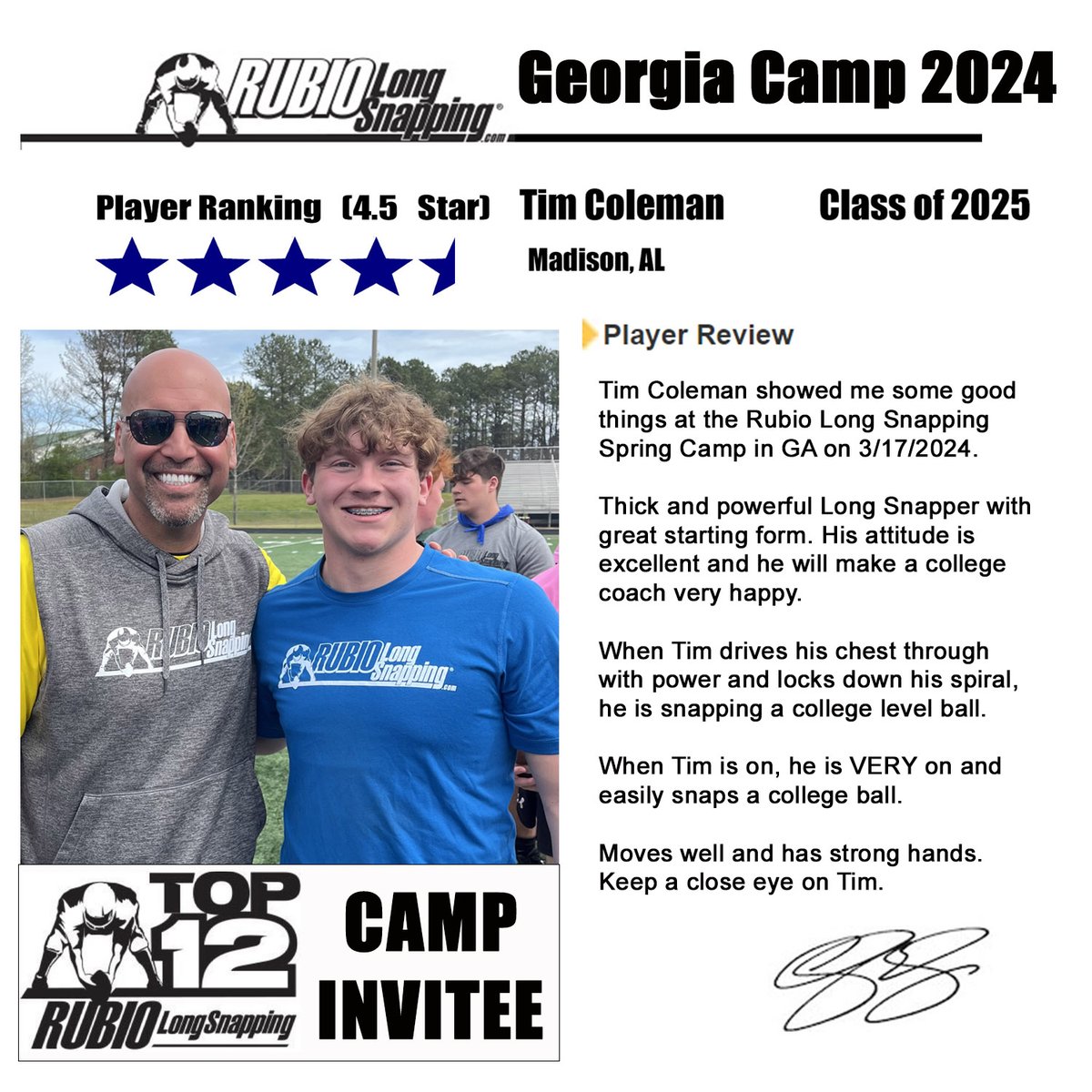 Thank you for the review @TheChrisRubio from the March Georgia Camp. I am looking forward to the Rising Seniors and Top 12 Camps in Lewiston, ID in July. Ready to Compete with the Best LS in the Country! #TheFactory @JCJetsFootball @JCFB_Recruiting @coachripshwtime…