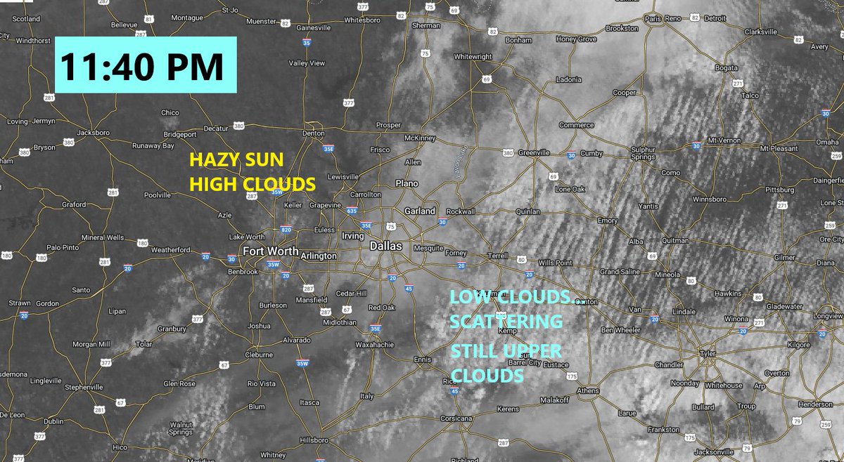 It's looking a bit better as the low clouds from DFW east/south scatter Has ZERO to due with the eclipse, just more from mixing of the air, but we'll take it! To the NW it's all high clouds and some filtered sun. Expect this to continue through total ECLIPSE time (approx 1:40 PM)