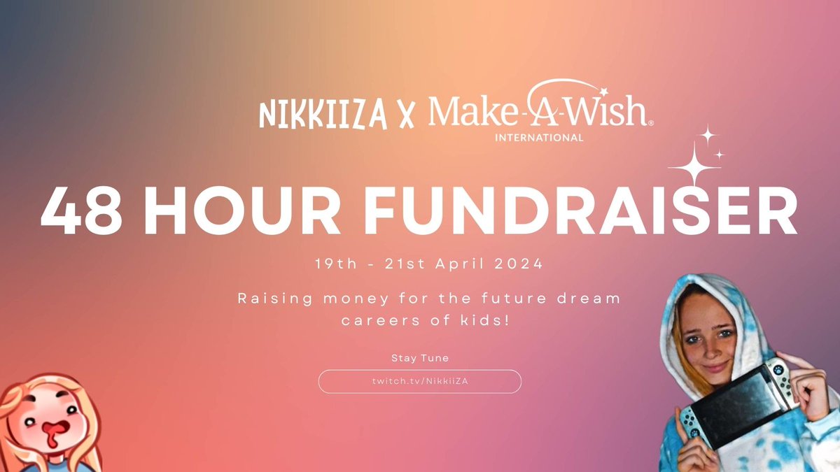 surprise!!! 🥰🧸 we're doing a charity for @MakeAWishIntl on the 19th - 21st of April 2024! this charity will be a 48 hour stream! with amazing stuff planned! i'm so excited to be doing more charity streams again this year! 🌸 be there or be square! 🤗