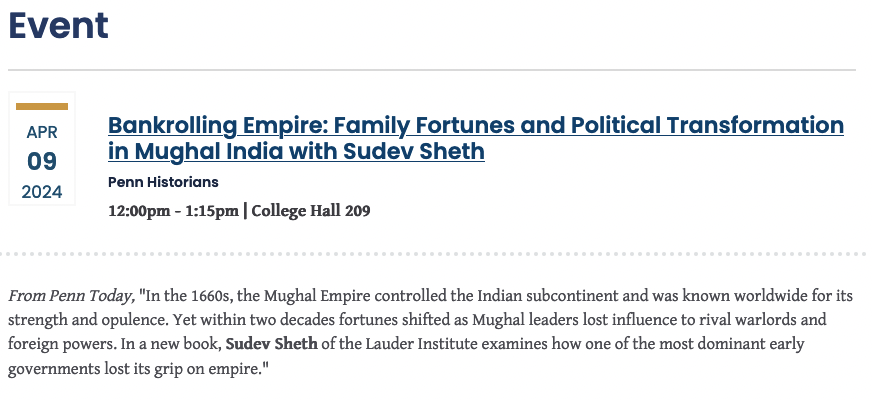 Looking forward to a Noon hour discussion around my new book at the Penn Historians series hosted by @PennHistory. Looking forward to seeing my students and colleagues from @LauderInstitute, @Wharton and @Penn more broadly in the audience! …as-www-history.pantheon.sas.upenn.edu/node/15433