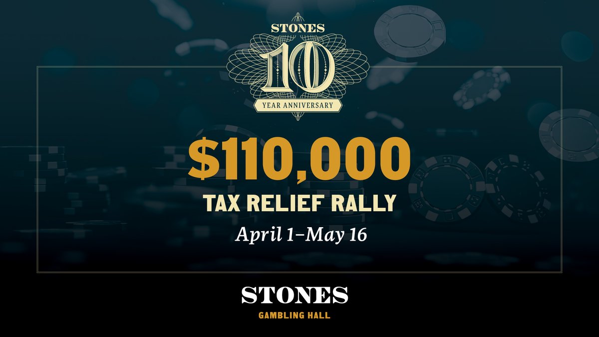 Feelin' lucky? Dive into our $110,000 Tax Relief Rally, where every card flip and dice roll could lead you to a slice of fortune. 💰🌟 Visit the link below to learn more about our Tax Relief promotion! ⤵️ stonesgamblinghall.com/tax-relief-ral… #StonesGamblingHall #Cardroom #Casino #Tablegames