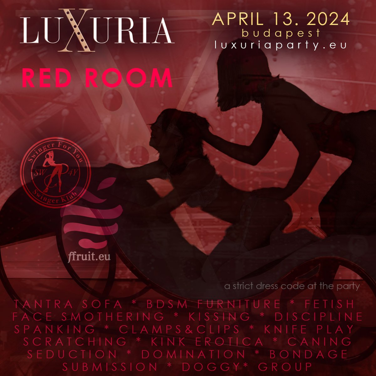 Luxuria Party, 13/04/2024
💋 Reed Room * in cooperation with Swinger ForYou and Forbidden Fruit
💥💥💥
Tickets: bit.ly/luxuria-ticket…
Dresscode: bit.ly/luxuria-ball-d…
💥💥💥
💋 THE CRAZIEST PARTY OF THE YEAR * magical, extreme, lush and free world