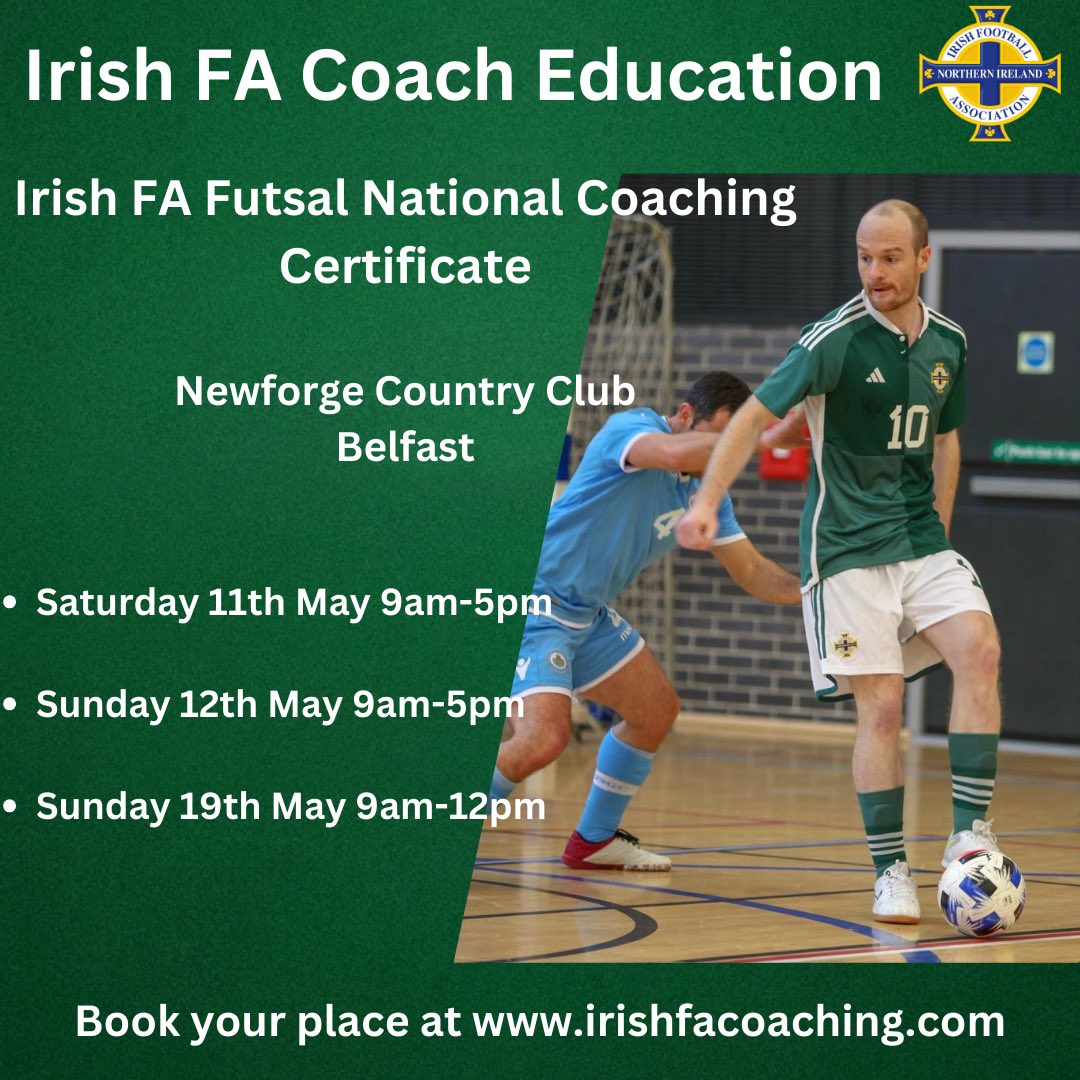 Best of luck to the Northern Ireland Men’s Futsal team who start their #FutsalEURO 2026 campaign tomorrow in Cyprus! We are running a Futsal National Coaching Certificate course next month at Newforge Country Club, get signed up at irishfacoaching.com