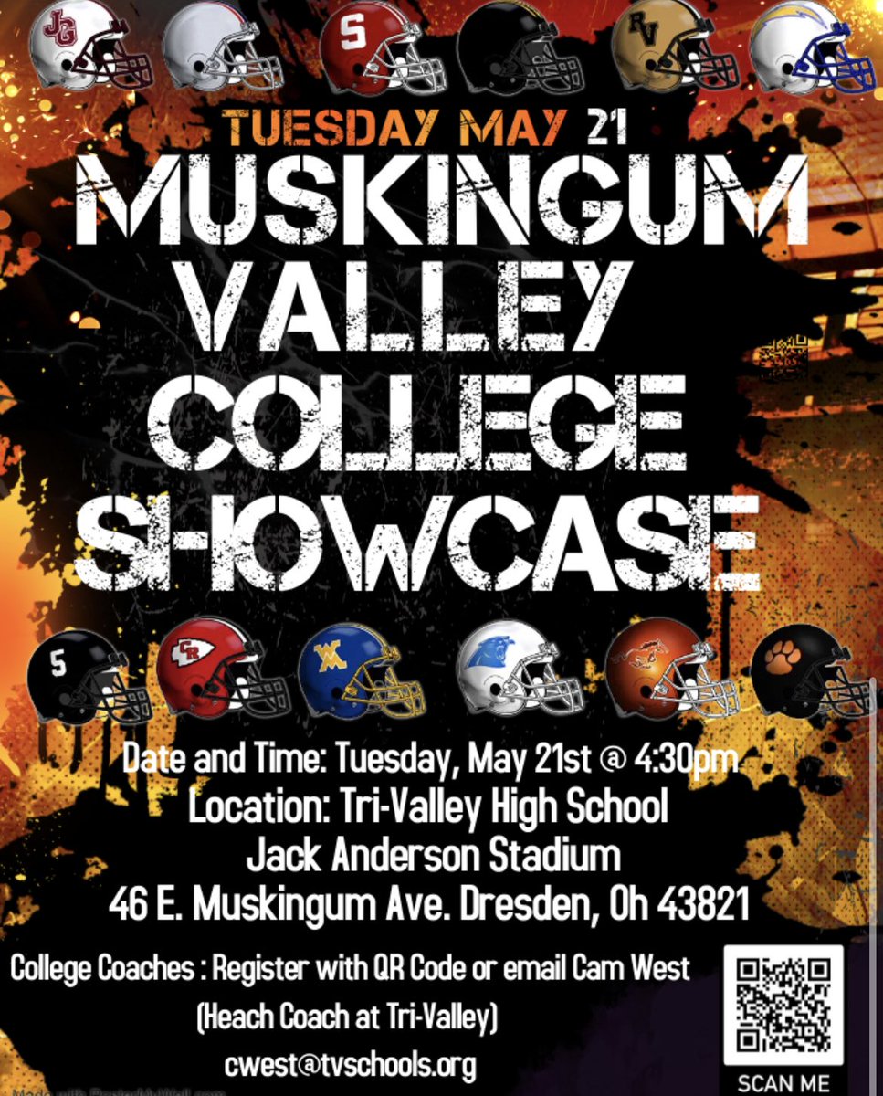 🚨COLLEGE COACHES🚨 Mark you calendars and head to Dresden on May 21st! Please register with the QR CODE or email Coach West (cwest@tvschools.org)
