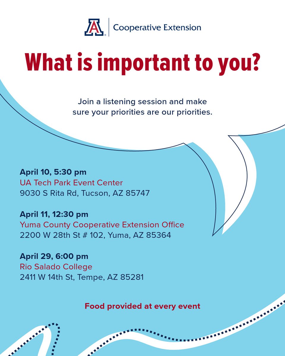 Join our April 10 listening session and tell us what matters to you and your community. Sessions start at 6:00 pm at the UArizona Tech Park. Learn more at extension.arizona.edu/ace-strategic-….