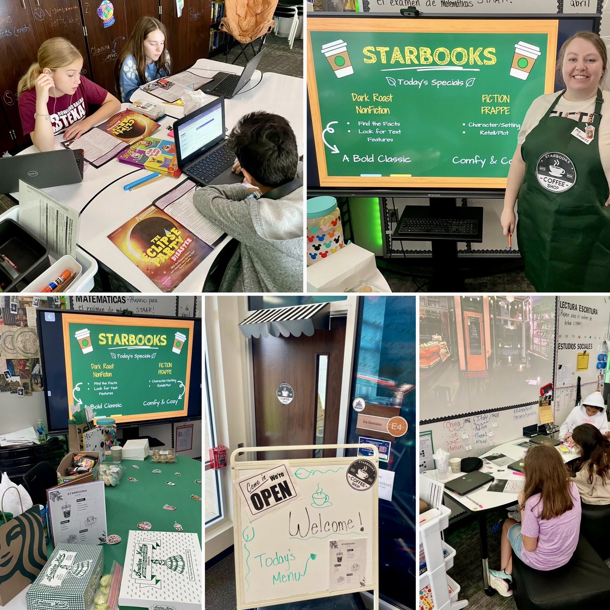 We had a “Starbooks” Cafe classroom transformation day today to help us study and prep for our Reading STAAR test tomorrow. Thank you to my classroom parents for donating lots of yummy snacks, drinks and pastries! #WorldChangers @Centennial_SIP @HumbleISD_CE @Starbucks