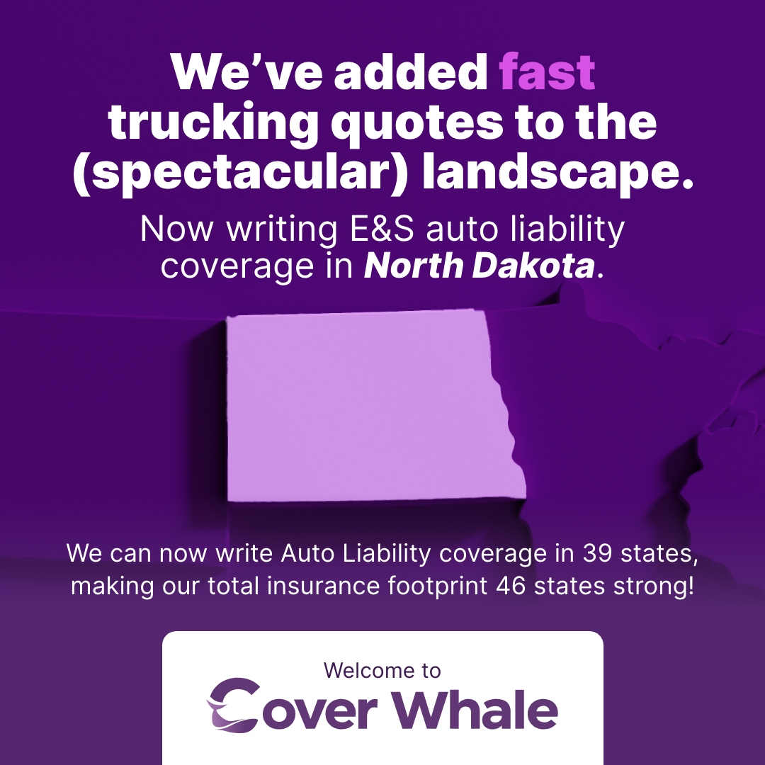 Cover Whale is excited to announce our E&S auto liability coverage expansion into North Dakota, The Peace Garden State! It's a new chapter in our mission to reshape trucking insurance with innovation and dedication. #CoverWhale #NorthDakota #InsuranceInnovation