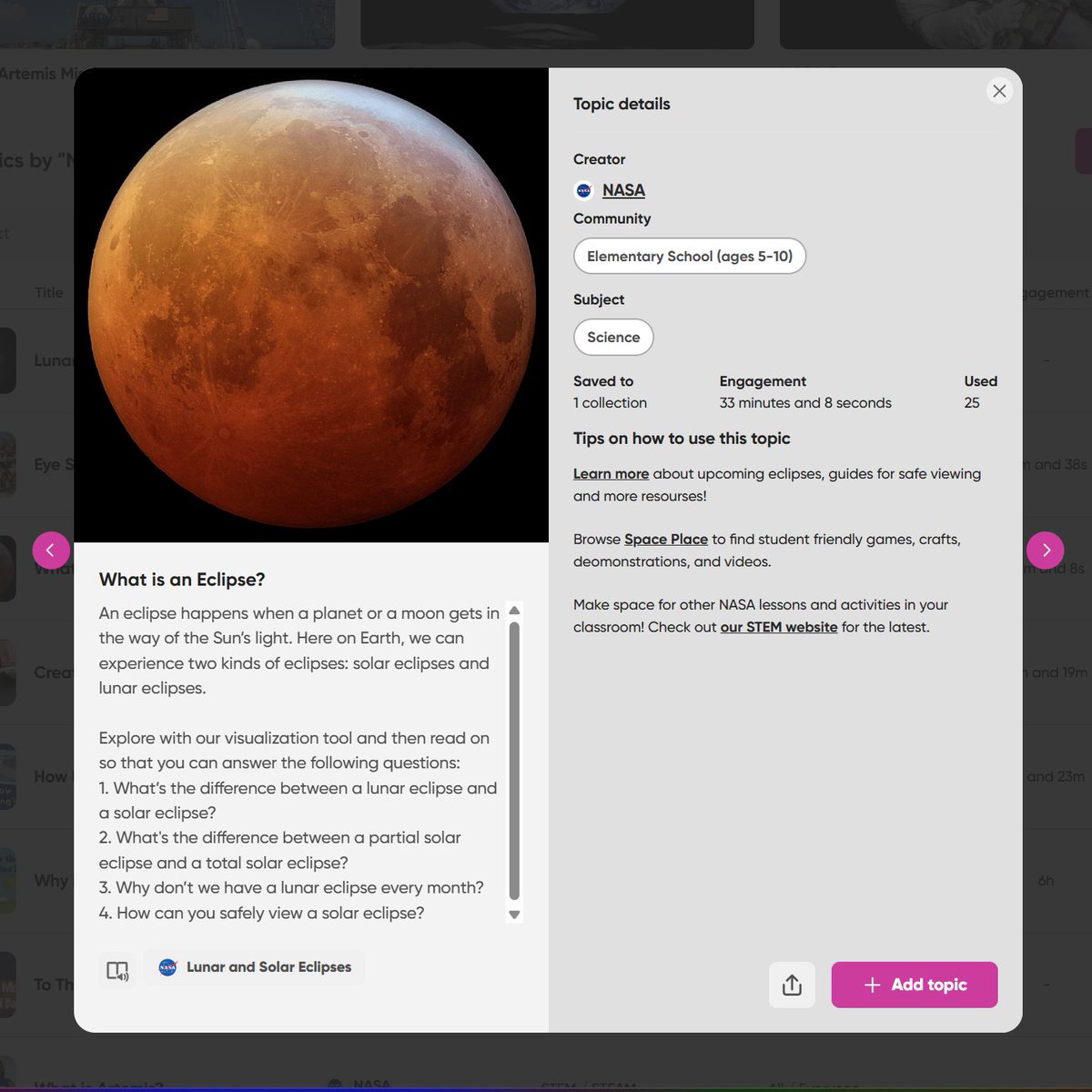 Keep the #Eclipse2024 learning going... and check out these incredible @MicrosoftFlip topics from @NASA inside the Discovery Library! 🌞🌚 Find NASA topics at: admin.flip.com/manage/discove…