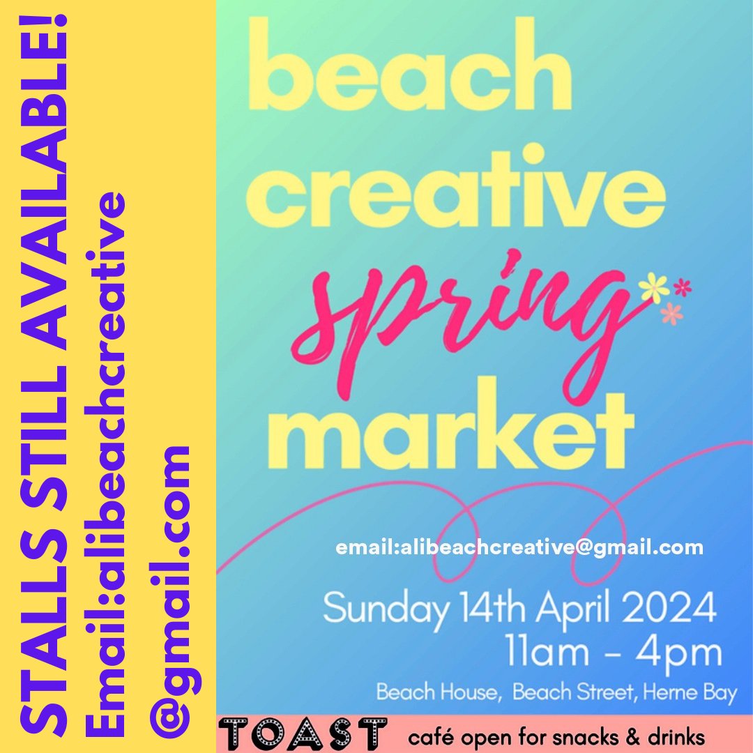 Beach Creative CIC (@beachcreative) on Twitter photo LAST FEW STALLS LEFT!!!
Join us THIS WEEKEND for another exciting Beach Creative market!
Handcrafted gifts and goodies created by local artists and makers! A great outing for all the family!
Toast Cafe will be open!
Enquiries to Ali Skinner: alibeachcreative@gmail.com LAST FEW STALLS LEFT!!!
Join us THIS WEEKEND for another exciting Beach Creative market!
Handcrafted gifts and goodies created by local artists and makers! A great outing for all the family!
Toast Cafe will be open!
Enquiries to Ali Skinner: alibeachcreative@gmail.com