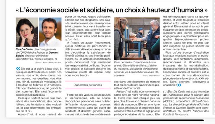 Tribune co-signée avec Damien Baldin. « Elle est là et opère à bas bruit parmi nos voisins, nos amis, dans nos communes loin du spectacle médiatique à hauteur d’hommes et femmes. Donc grandie du lien social » fini l’économie de marché - vive l’économie de société @OuestFrance