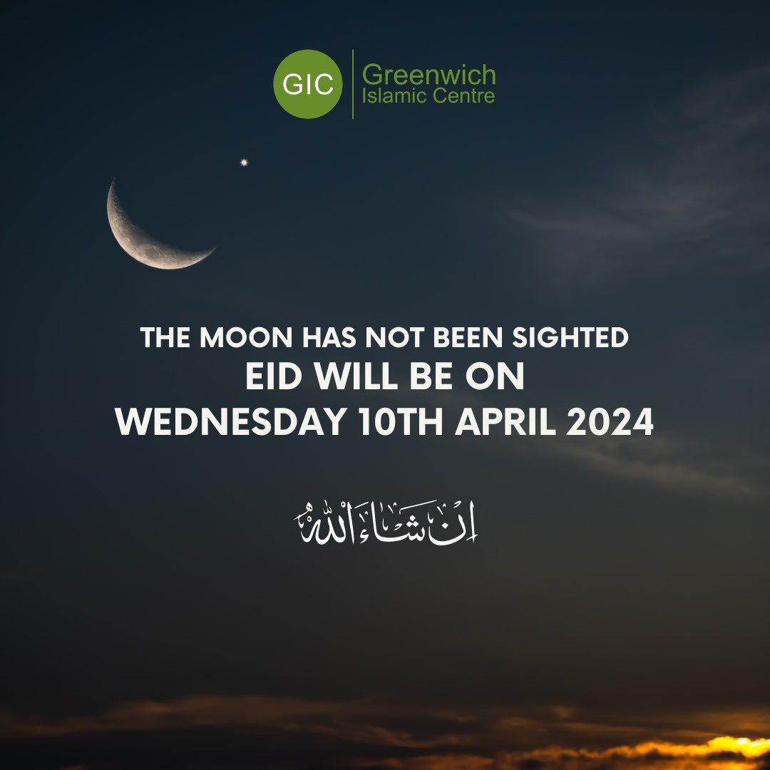 🌙🕌 Eid Al-Fitr announcement: The moon sighting has not been sighted , Eid will be celebrated on Wednesday, 10th April. Join us for Jama'ah prayers at the Mosque at 7AM, 8AM, 9AM, 10AM, and 11AM. Arrive early, park legally, and remember to perform Wudu at home. For inquiries 🌙